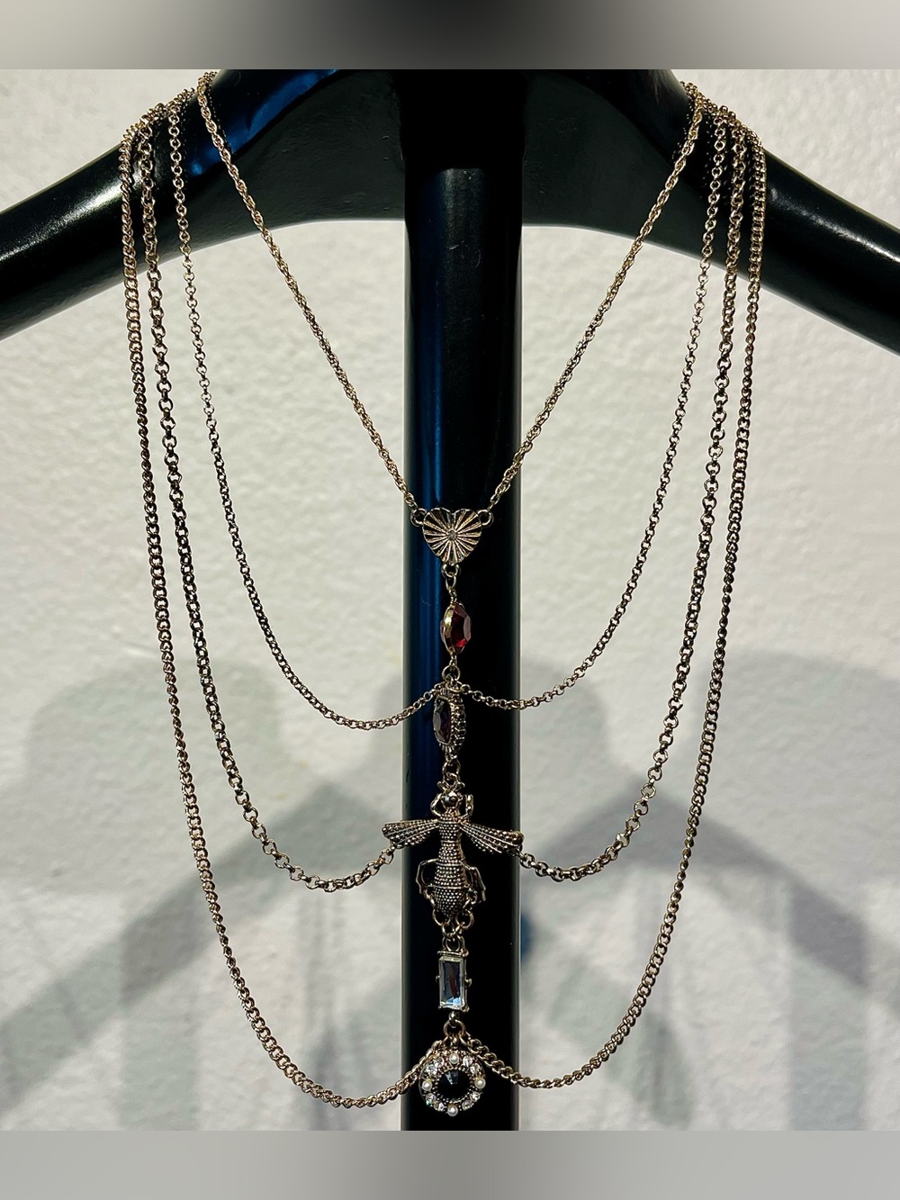 Freedom Layered Gold-Tone Multi Pendant Necklace with Red, Clear & Black Stones